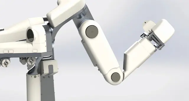 The main arm of Harmonic Bionics’ exoskeleton. IKO crossed roller bearings help the exoskeleton move coaxially when a patient moves their arms.