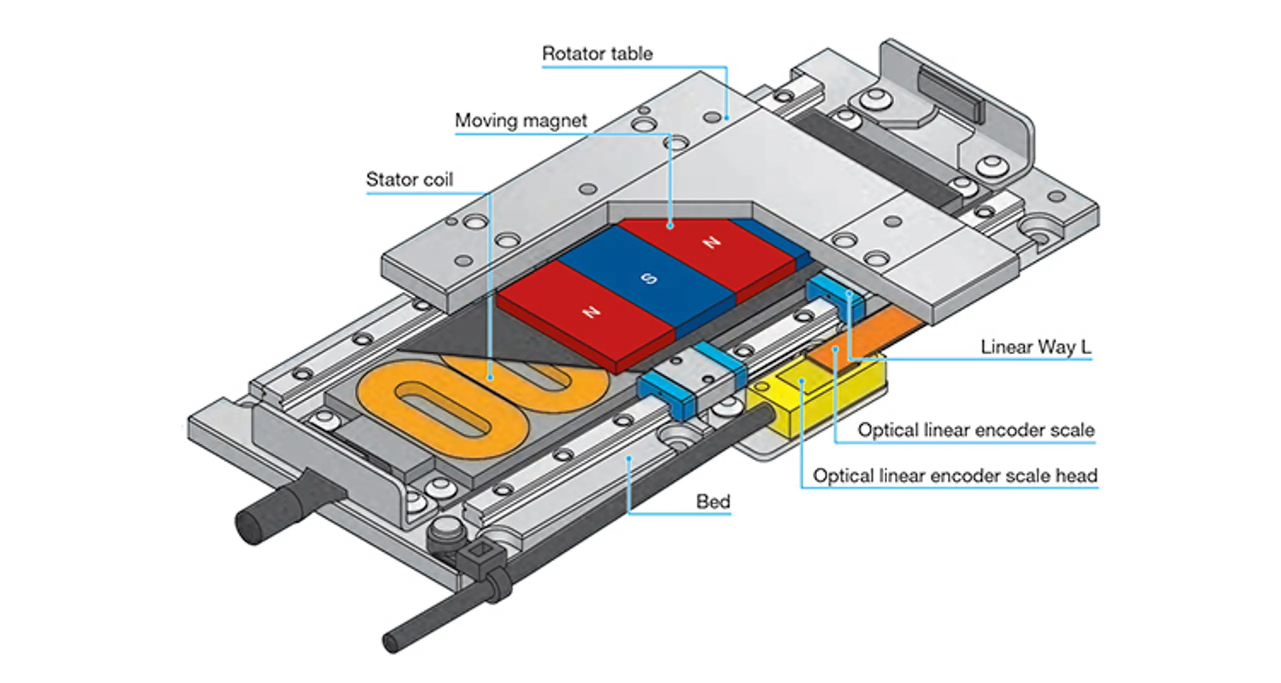 Cutaway of an IKO NT Series linear motor table with moving magnet and optical linear encoder.